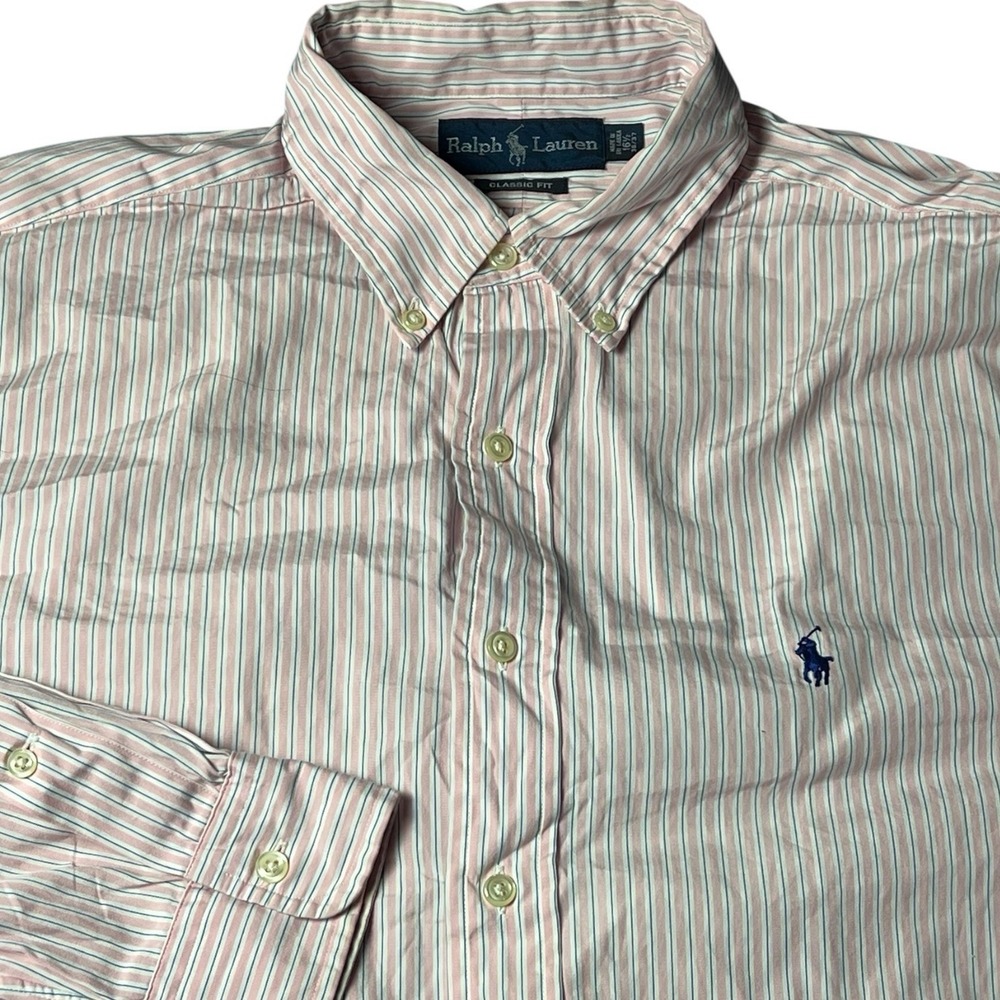 Polo Ralph Lauren Oxford Button Front Long Sleeve Shirt Mens Pinstripe‎ Lg Pink